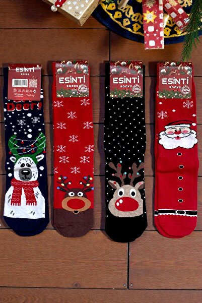 Esinti 4 Pairs Unisex Christmas Socks Colorful Patterned Gift New Year Men Women Long Socks Set