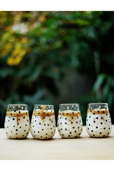 Caga Home CAGA Pinterest 4'lü Minimal Desenli Cam Bardak Seti – 4 Farklı Desen Cam Su Bardağı Seti 350 Ml