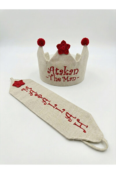 Fiyonka Sünnet Tacı ve Kemer Kuşak Seti - Yıldız Örgü Detaylı Ponponlu İsimli...