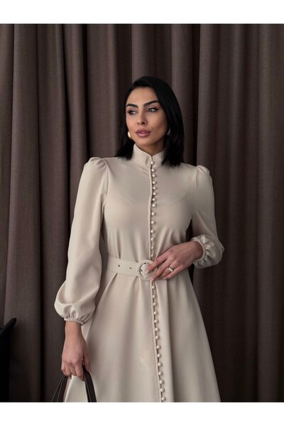 MSN Atlas Fabric Thick Inner-Lined Button Detailed Turtleneck Dress (Belt Included)-Beige-2511