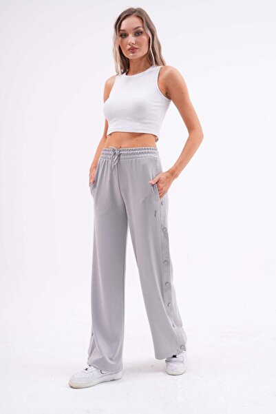 strivex Modal Wide-Leg Gray Sports Pants with Elastic Waistband and Side Snap Details