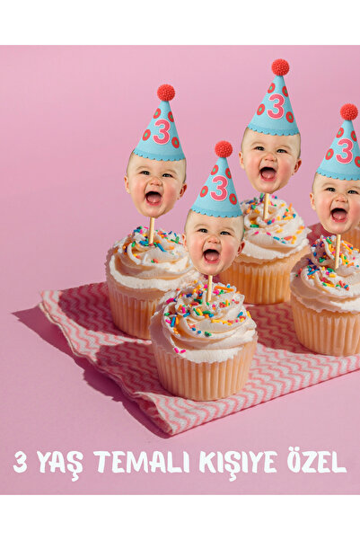 Dijital Nostal 3 Yaş Temalı Kişiye Özel Fotoğraflı 10 Adet Cupcake Pasta Süsü...