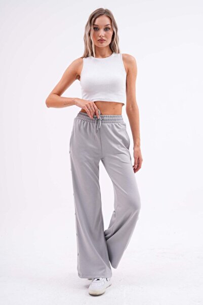 strivex Modal Wide-Leg Gray Sports Pants with Elastic Waistband and Side Snap Details
