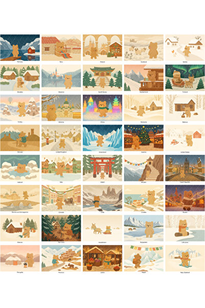 Mimu Art Studio Ayıcık Dünyayı Geziyor - 40’lı Kış & Noel Temalı Kartpostal S...