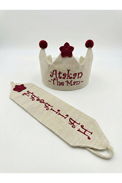 Fiyonka Sünnet Tacı ve Kemer Kuşak Seti - Yıldız Örgü Detaylı Ponponlu İsimli...