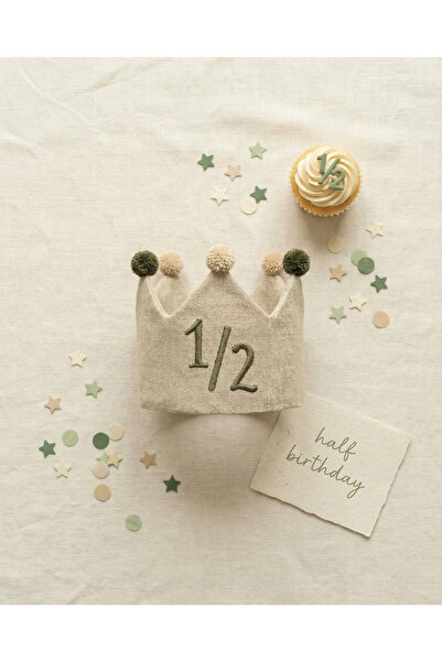 Fiyonka 1/2 Half Birthday Doğum Günü Tacı - Yarım Yaş Nakışlı Bebek Tacı - Yeşil/Krem