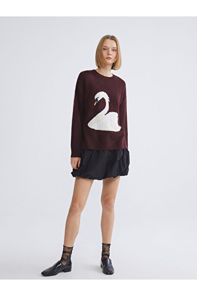 LC Waikiki Swan Patterned Oversized Women's Knitwear Sweater