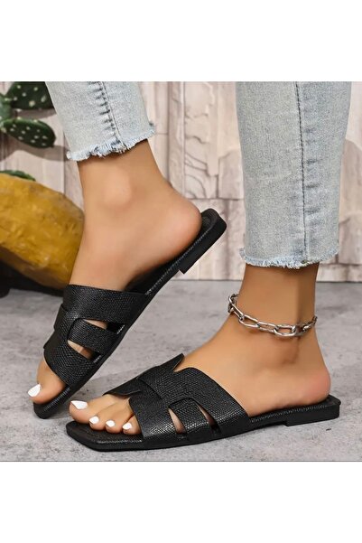 Atelier by Ece Black Crocodile Slippers