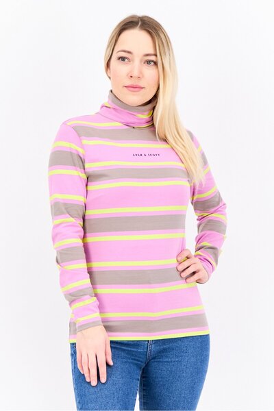 Lyle & Scott Women High Neck Long Sleeve Stripe Top, Multicolor