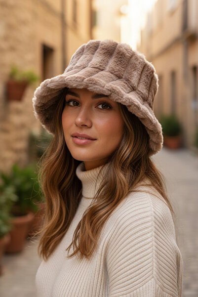 Kapin Kahve Fitilli Desen Peluş Kürk Bucket Şapka