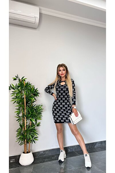 Bella Belluci Stretchy Fabric Shiny Stone Printed Long Sleeve Black Knitwear Dress with White Logo 2023