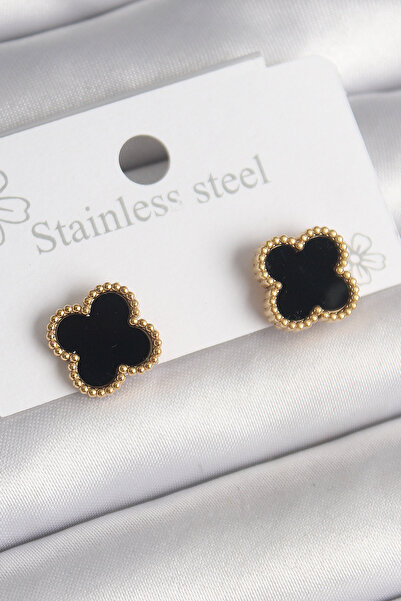 Skygo 316L Steel Gold Color Black Clover Model Women's Earrings - Tj-Bkp10199