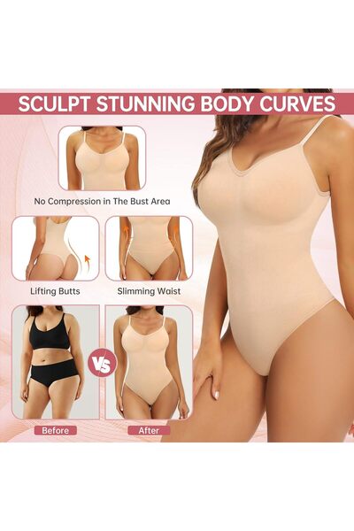 TUOPUDA Women's Shapewear Body Shaper Tummy Control Bodysuit with Thong & Adjustable Straps Beige S