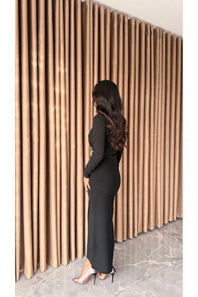 Afiş Butik Black Women's Pleated Buckled Long Sleeve Dress