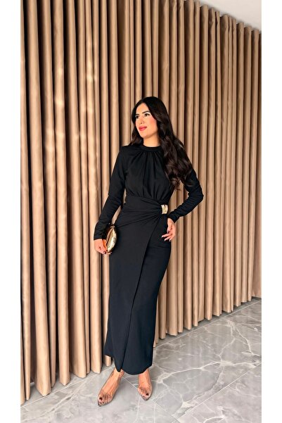 Afiş Butik Black Women's Pleated Buckled Long Sleeve Dress