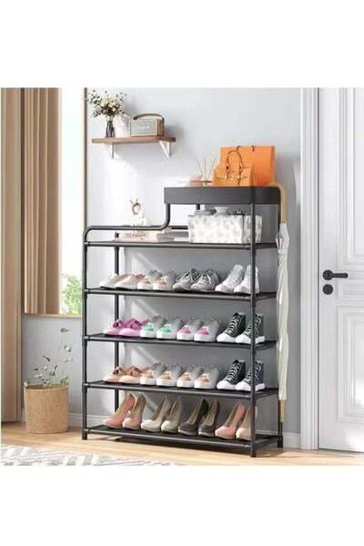 BLOOMING TIME 6-Layer Simple Shoe Rack with Storage Basket - Black