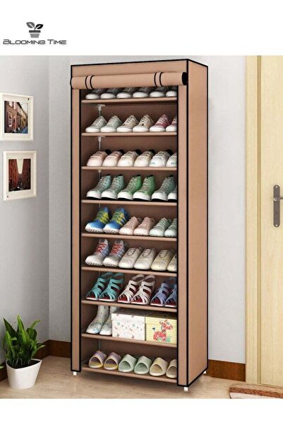 BLOOMING TIME 10-Layer Non-Woven Simple Shoe Rack, Dust Cover, Brown