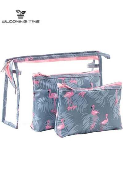 BLOOMING TIME 3-Piece Waterproof Cosmetic Bag Set, Gray/Pink