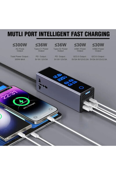 Generic 300W Car Power Inverter 12V to 220V Converter 7 Ports Fast Charging Type C USB Outlet Adapter