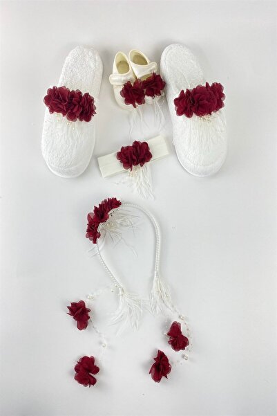 Lohusa Homewear مجموعة من 4 قطع من أحذية الأمومة النسائية المصنوعة من حجر اللؤلؤ الكرزي مع شريط للرأس وأحذية للأطفال