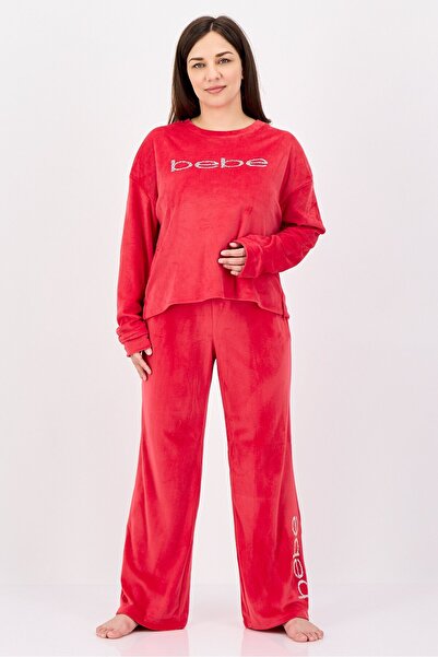 Bebe Women 2 Pieces Sleepwear Pyjama Top and Pants Set, Red