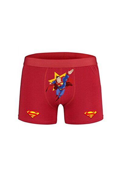 HediyeMania Supermen Baskılı Kırmızı Erkek Boxer Pamuklu Süpermenli