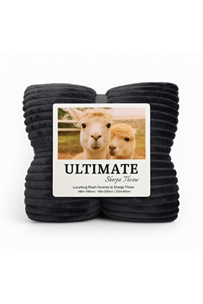 BaoBao Cocolino Fluffy Blanket with Sherpa 200x230 cm – Dark Grey, Ribbed Pattern