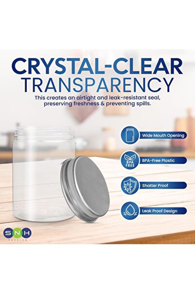 SNH Packing 25 Pieces 250ml Clear Plastic Jars with Silver Ribbed Lids