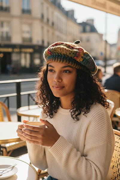 Satürn Hobi Knitted Bohemian Motif Sparkling Painter Beret, Hat