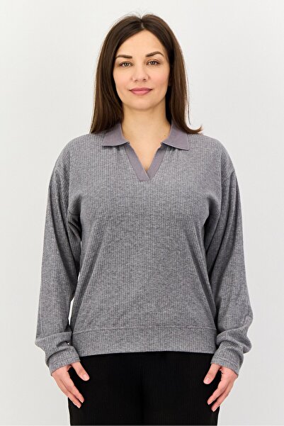 London Fog Women Spread Collar Stripe Long Sleeve Sleepwear Top, Dark Grey