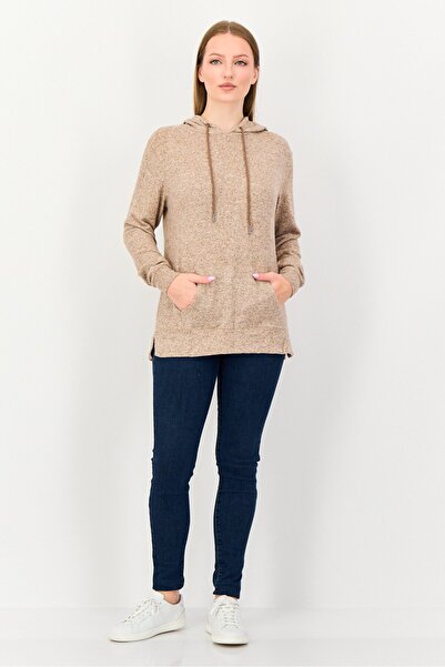 Poof Women Heather Long Sleeve Hooded Sweatshirt, Light Brown