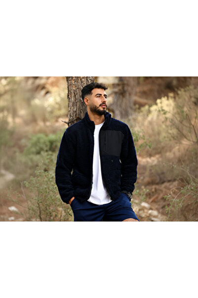 TKT Μπουφάν Navy Blue Lamb Welsoft Fleece με φερμουάρ και 3 τσέπες με λεπτομέρεια στο μπροστινό μέρος, πλήρες μέγεθος