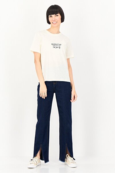 Brave Soul Women Crew Neck Short Sleeve Embroidered T-Shirt, Cream