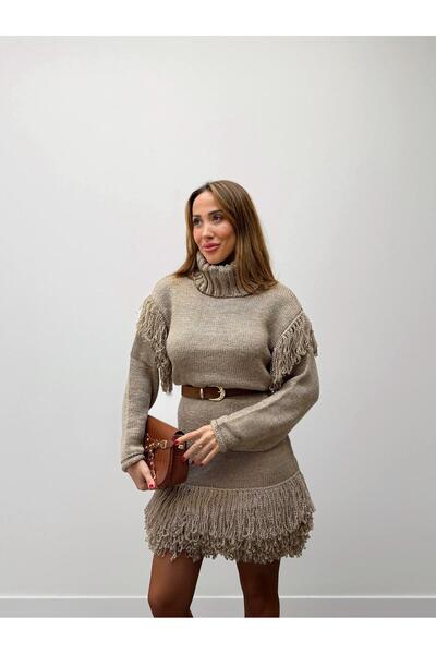 Maldia Shop Women's Tone Long Sleeve Tassel Knit Sweater Dress
