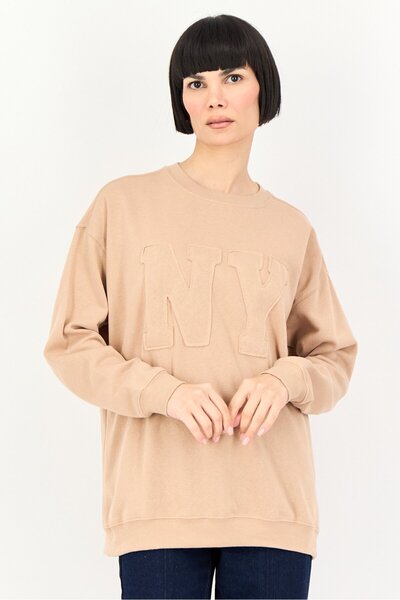 No Comment Women Crew Neck Textured Long Sleeve Sweatshirt, Beige
