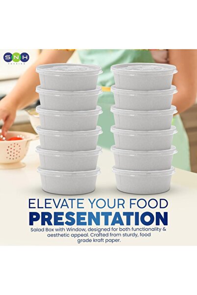 SNH Packing 25-Pack 1300ml White Round Disposable Paper Bowls with Clear Lids