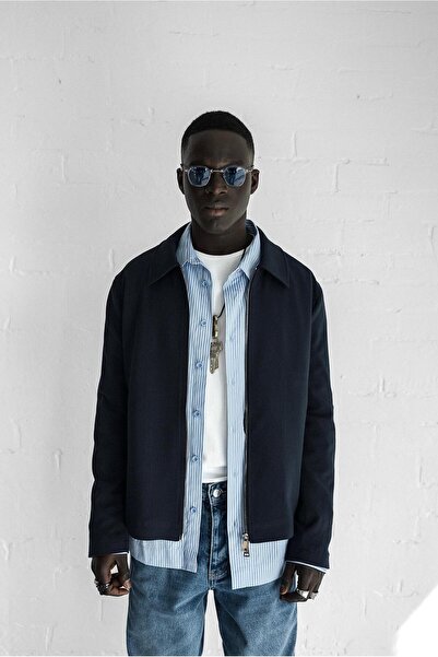 ablukaonline Men's Relaxed Fit Zipper Thin Jacket Dark Navy Blue