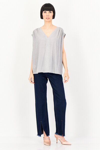 PROMOD Women V-Neck Textured Sleeveless Tank Top, Grey