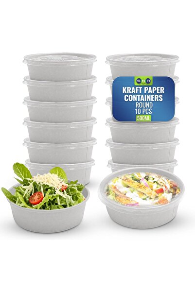 SNH Packing 10-Pack 500ml White Round Disposable Paper Bowls with Clear Lids