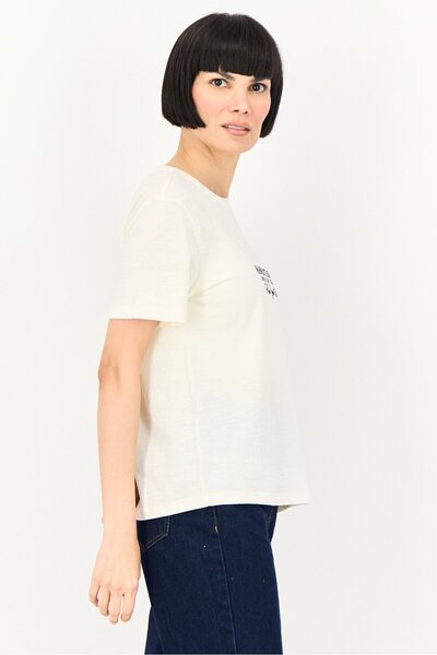 Brave Soul Women Crew Neck Short Sleeve Embroidered T-Shirt, Cream