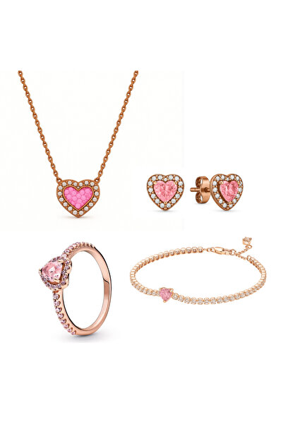 NOVVO Jewelry Set Ring, Earrings, Bracelet and Necklace Rose Pink Heart Silver