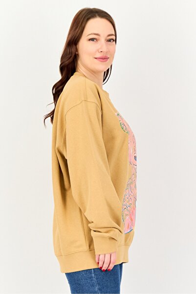 Obey Women Crew Neck Long Sleeve Graphic Print Sweatshirt, Brown