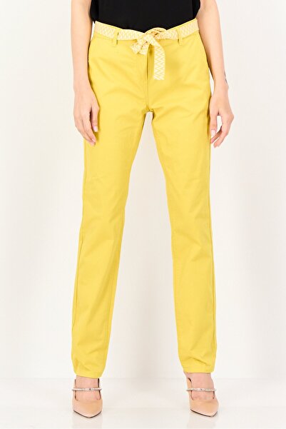 PROMOD Women Solid Straight Leg Pants With Belt, Mustard