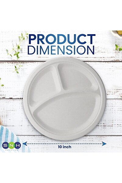 SNH Packing 10" 3-Compartment White Disposable Plates (10 Pack) - Bagasse Sugarcane, Compostable