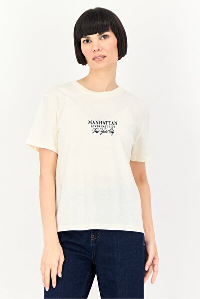 Brave Soul Women Crew Neck Short Sleeve Embroidered T-Shirt, Cream