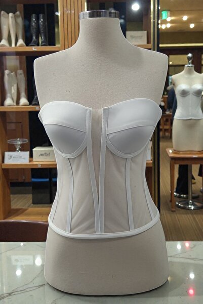 FİYPER Transparan Balenli Tül Korse Büstiyer Gelinlik Hazır Beden Beyaz