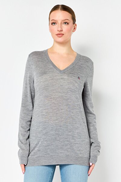 Harmont & Blaine Sport Women V Neck Embroidered Logo Long Sleeve Sweater, Grey