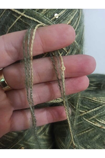 İPEK YÜN İPLİK DÜNYASI Angora Knitting Yarn 2 Ply (Light Khaki) Gold Sequin Mix on Beige 100Gr