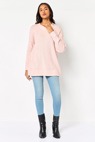 aerie Women Ribbed Collar Long Sleeves Textured Sweaters, Light Pink