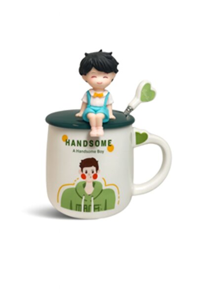 bity thok كوب سيراميك بغطاء و مجسم مع ملعقة قلب - أخضر G1